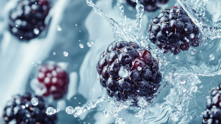 Juicy blackberries splashing in water from a top view. Copy space available on the rightの素材