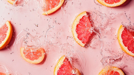 Grapefruit segments with water splashes from above, with copy space on the top for textの素材