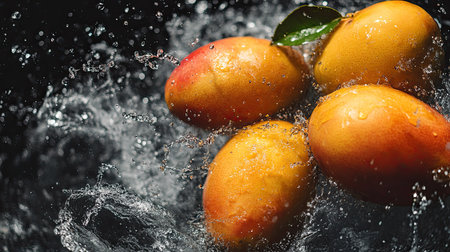 Fresh mangoes splashing in water from above, with copy space available for text or logosの素材