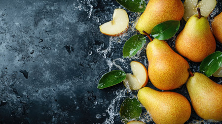 Top view of fresh pears with splashes of water. Ideal for adding text on the left sideの素材