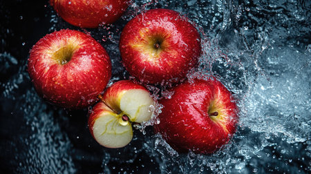 Apples being splashed with water, top view. Copy space available for branding on the rightの素材