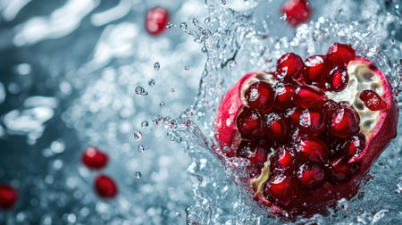 Top view of juicy pomegranate seeds splashing in water. Copy space at the bottom for textの素材
