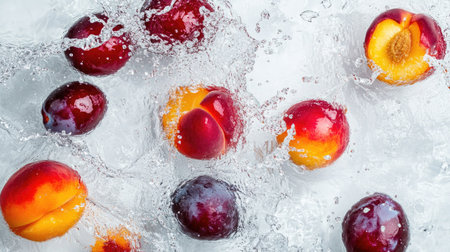 Top view of ripe peaches and plums splashing in water, with copy space available on the topの素材