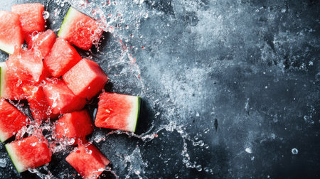 Top view of fresh watermelon chunks with splashes of water. Copy space on the right for textの素材