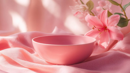 Artistic arrangement featuring a pink bowl on a pink cloth, with a pink flower in the background, emphasizing a serene and cohesive look.の素材