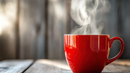 A red coffee cup with visible steam, emphasizing the fresh and hot nature of the coffee inside.の素材
