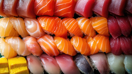 A stack of various colored fish, including fresh salmon and tuna, arranged for a vibrant and appetizing display.の素材