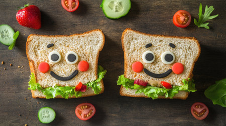 A sandwich with fun faces of a girl and boy, set against a backdrop of copy space for adding personalized messages.の素材