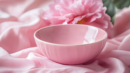 A pink bowl resting on a pink cloth with a pink flower in the background, showcasing a coordinated and stylish arrangement.の素材