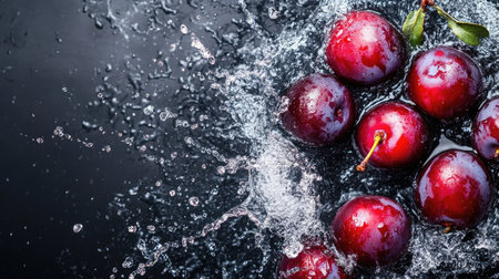 Top view of juicy plums splashing in water. Copy space available for promotional text on the leftの素材