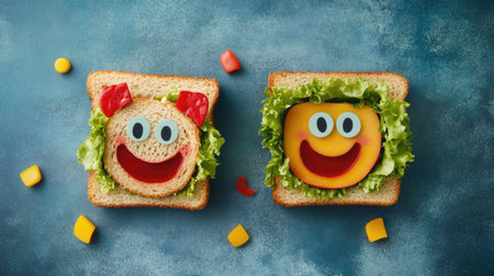 A sandwich with fun faces of a girl and boy, set against a backdrop of copy space for adding personalized messages.の素材