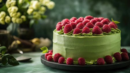 A delightful green cake with raspberries, capturing the contrast between the cake color and the fruita vibrant red.の素材