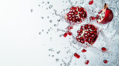 Top view of juicy pomegranate seeds splashing in water. Copy space at the bottom for textの素材