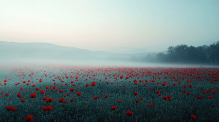Beautiful red poppy field shrouded in soft morning mist. Perfect for branding or text space on the rightの素材