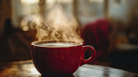 A red coffee cup filled with hot coffee, steam rising gracefully, creating a cozy and comforting atmosphereの素材