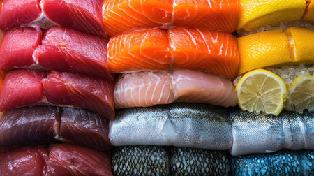 A stack of various colored fish, including fresh salmon and tuna, arranged for a vibrant and appetizing display.の素材