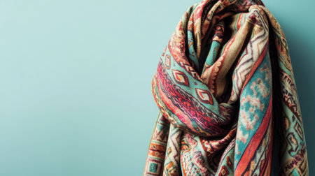 Chic patterned shawl draped over a clean surface with ample space for text aboveの素材