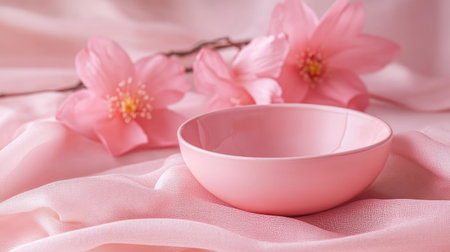 A pink bowl resting on a pink cloth with a pink flower in the background, showcasing a coordinated and stylish arrangement.の素材