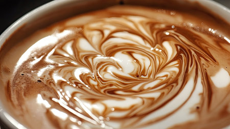 Artistic swirl design on the surface of a cup of coffee, emphasizing the creamy texture and inviting aroma.の素材
