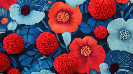 Blue and red fabric featuring a flowery design with playful red pom poms on top, creating a vibrant and textured look.の素材
