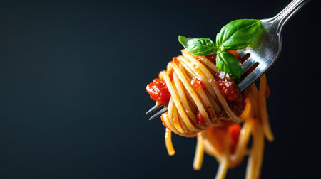 Closeup of a metal fork with spaghetti pasta, tomato sauce, and a basil leaf. Copy space available on the leftの素材