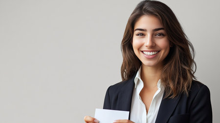 Businesswoman with a friendly smile, holding a business card. Copy space available on the left side for textの素材