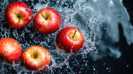 Apples being splashed with water, top view. Copy space available for branding on the rightの素材