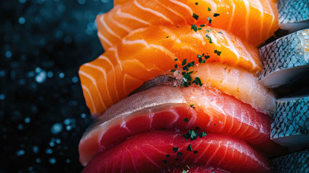 Colorful stack of fish including salmon and tuna, arranged to emphasize their natural colors and freshness.の素材