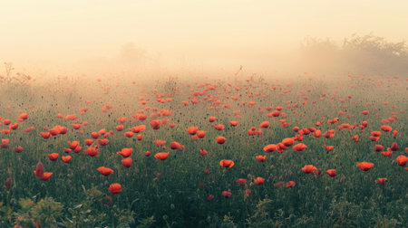 Beautiful red poppy field shrouded in soft morning mist. Perfect for branding or text space on the rightの素材