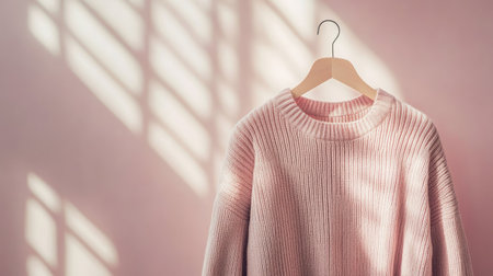 Elegant long-sleeve sweater in pastel color displayed against a soft background. Copy space aboveの素材