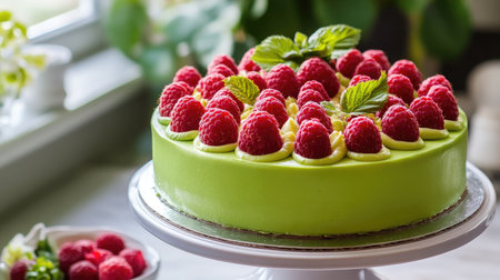 A delightful green cake with raspberries, capturing the contrast between the cake color and the fruita vibrant red.の素材