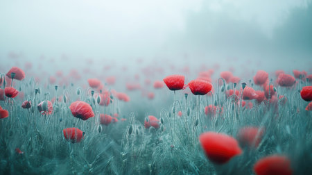 Enchanting red poppy field enveloped in gentle morning mist. Copy space available for text or brandingの素材