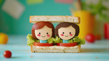 Detailed shot of a sandwich with a girl and boy faces, surrounded by copy space for text or advertising purposes.の素材