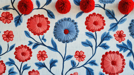 Blue and red patterned fabric with floral motifs and red pom poms on top, adding a fun and decorative touch.の素材