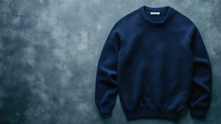 Classic navy sweater on a plain backdrop with copy space at the bottom for brandingの素材