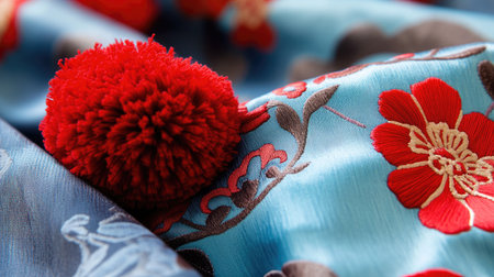 Close-up of blue and red fabric with a floral design and red pom poms, showcasing its unique and colorful details.の素材