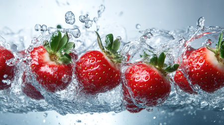 Fresh strawberries splashing in water, with ample space for branding or text on the rightの素材