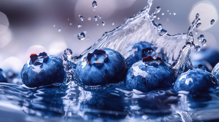Fresh blueberries splashing in water, ample space on the bottom for your messageの素材
