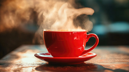 A red coffee cup with visible steam, emphasizing the fresh and hot nature of the coffee inside.の素材