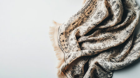 Chic patterned shawl draped over a clean surface with ample space for text aboveの素材