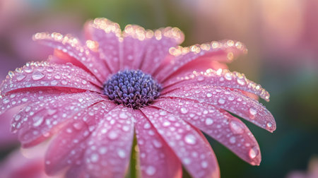 Close-up of a pink flower adorned with dew drops, glistening in the morning light, showcasing its delicate beauty.の素材