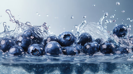Fresh blueberries splashing in water. Copy space at the top for your branding or messageの素材