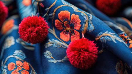 Close-up of blue and red fabric with a floral design and red pom poms, showcasing its unique and colorful details.の素材