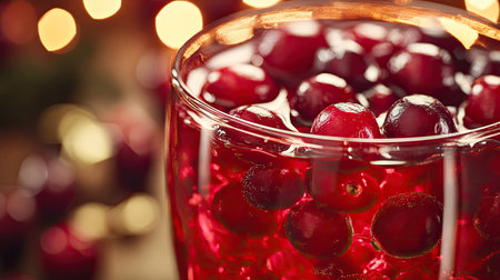 Close-up of a red beverage with cranberries floating on top, highlighting its rich color and festive appeal.の素材