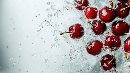 Fresh cherries being splashed with water, top view. Copy space on the left for your messageの素材