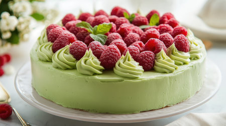 Green-colored cake adorned with juicy raspberries on top, offering a fresh and appealing dessert look.の素材