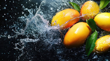 Fresh mangoes splashing in water from above, with copy space available for text or logosの素材