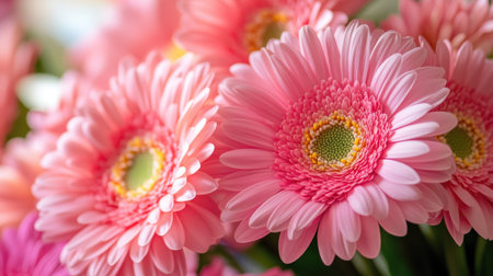 Fresh bouquet of pink flowers with vibrant yellow centers, arranged to showcase their cheerful and lively appearance.の素材