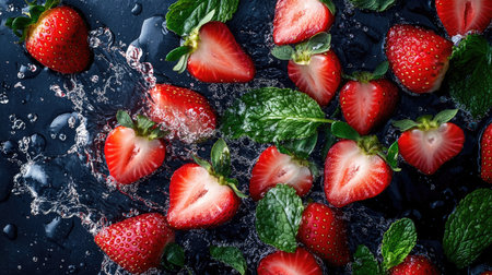 Juicy strawberries and mint leaves with water splashes from above, ample space on the rightの素材