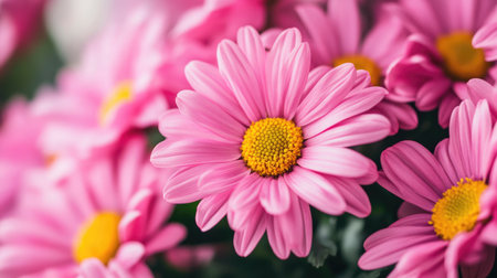 Fresh bouquet of pink flowers with vibrant yellow centers, arranged to showcase their cheerful and lively appearance.の素材